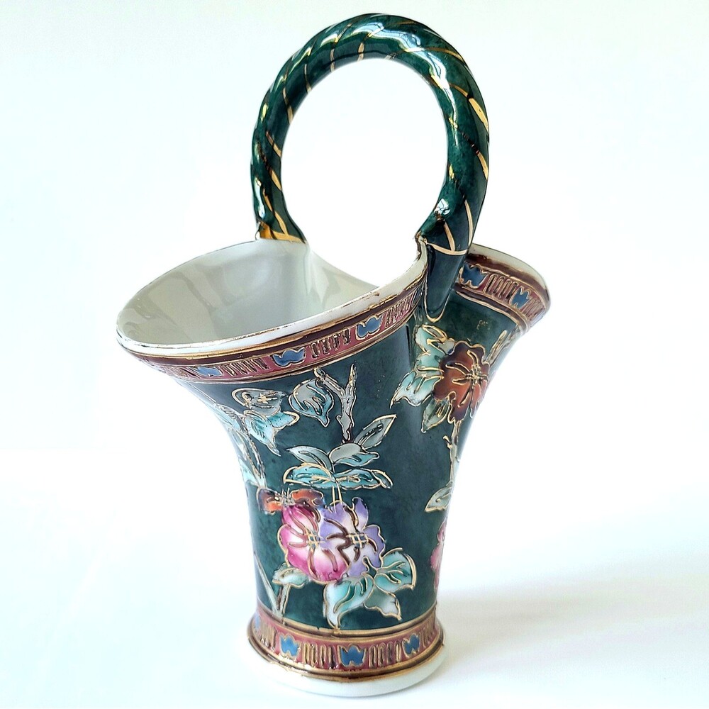 Vtg Hand Painted Porcelain Basket Flower Vase Floral Green Gold Gilt Metallic